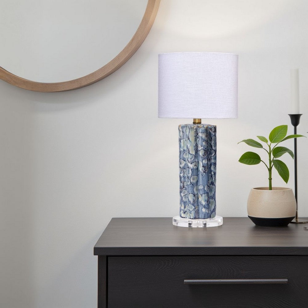 Benjara Flix Accent Table Lamp, 23 Inch, White Linen, Blue Scalloped Ceramic