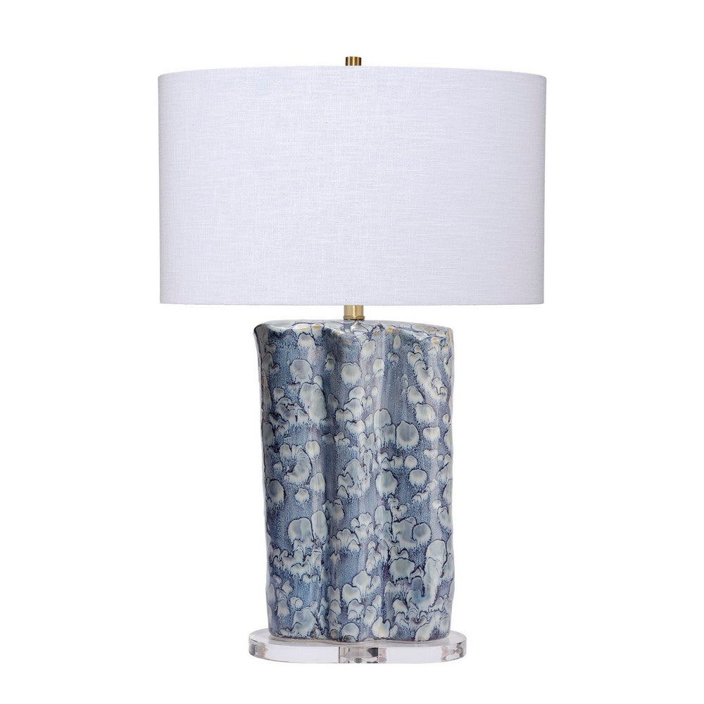 Benjara Flix Accent Table Lamp, 28 Inch, White Linen, Blue Scalloped Ceramic