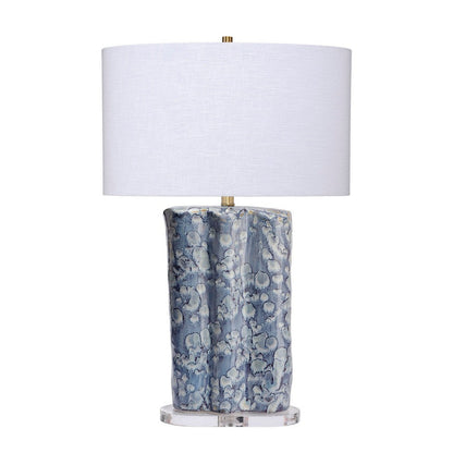 Benjara Flix Accent Table Lamp, 28 Inch, White Linen, Blue Scalloped Ceramic