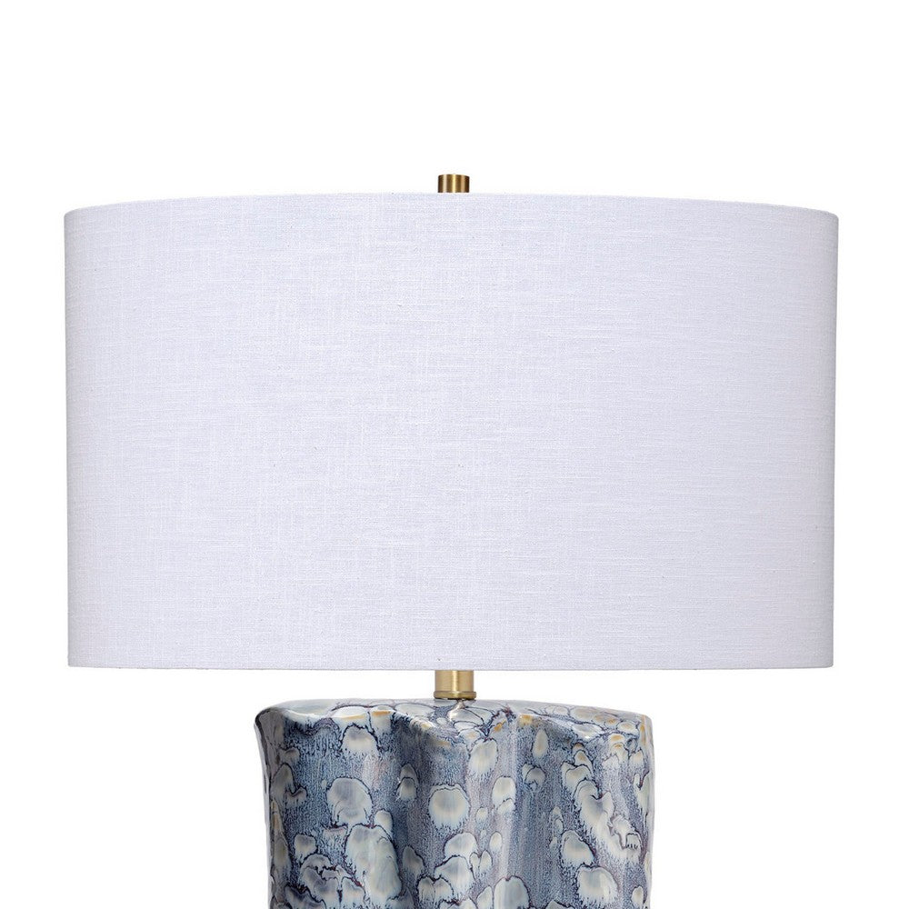 Benjara Flix Accent Table Lamp, 28 Inch, White Linen, Blue Scalloped Ceramic