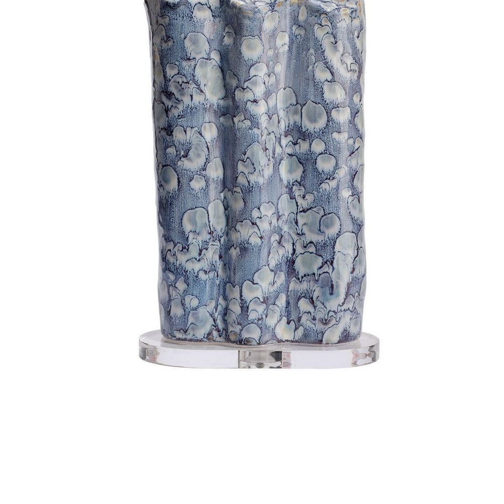 Benjara Flix Accent Table Lamp, 28 Inch, White Linen, Blue Scalloped Ceramic