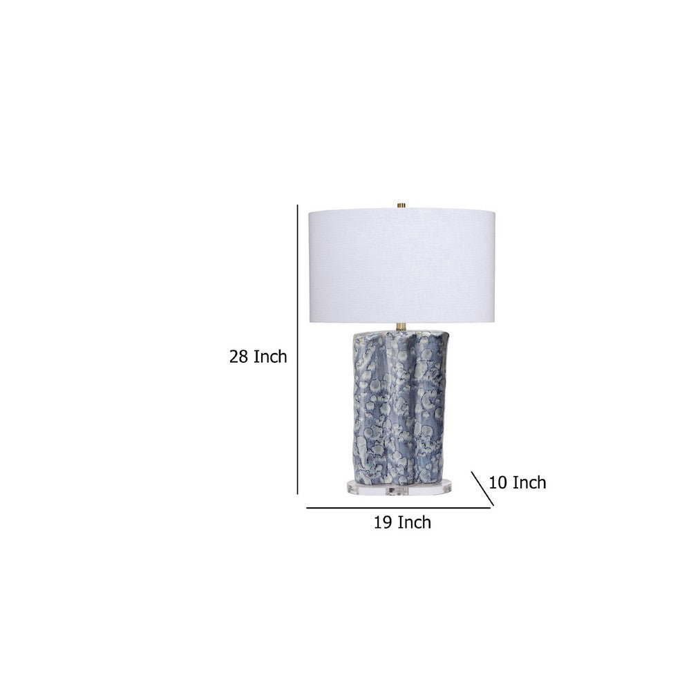 Benjara Flix Accent Table Lamp, 28 Inch, White Linen, Blue Scalloped Ceramic