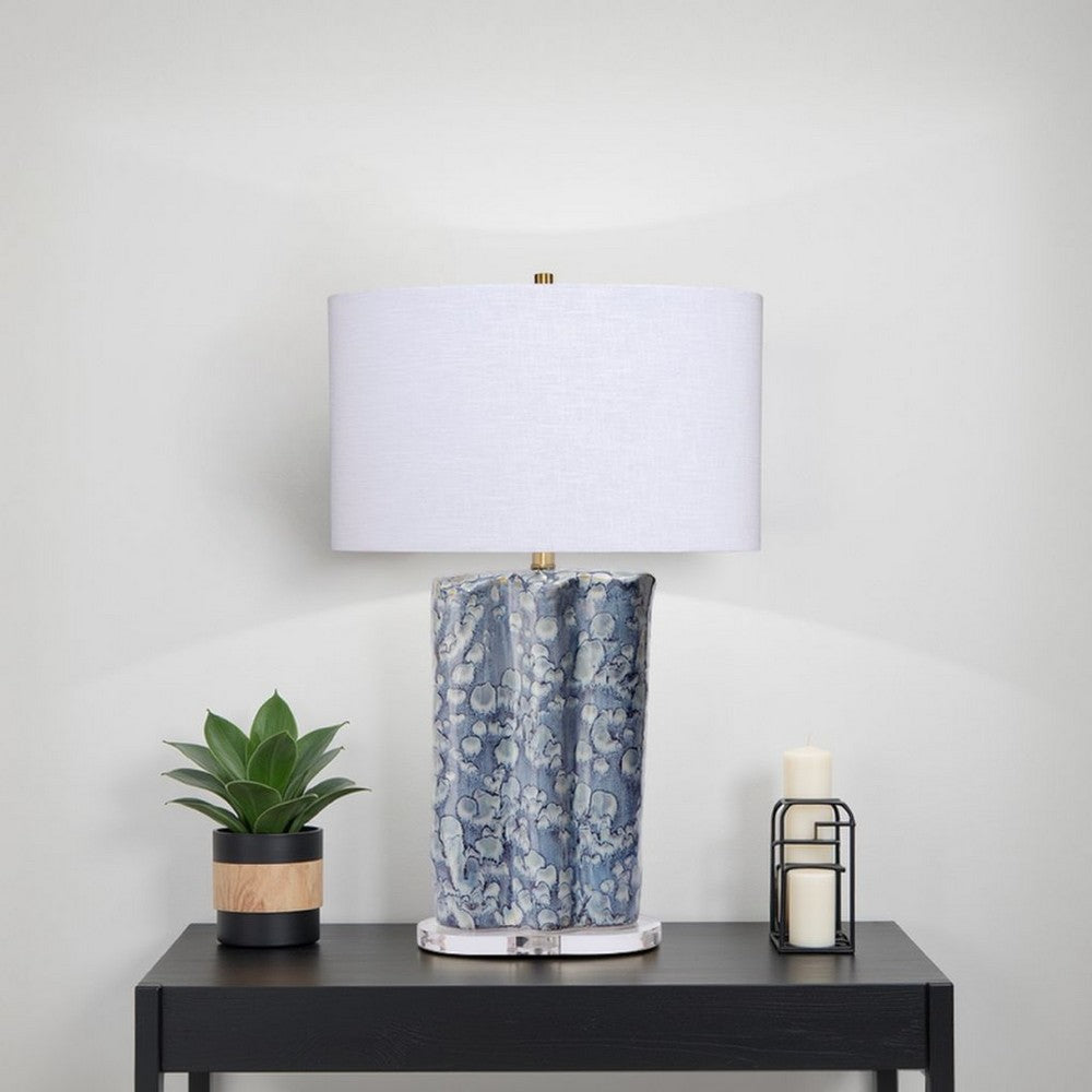 Benjara Flix Accent Table Lamp, 28 Inch, White Linen, Blue Scalloped Ceramic