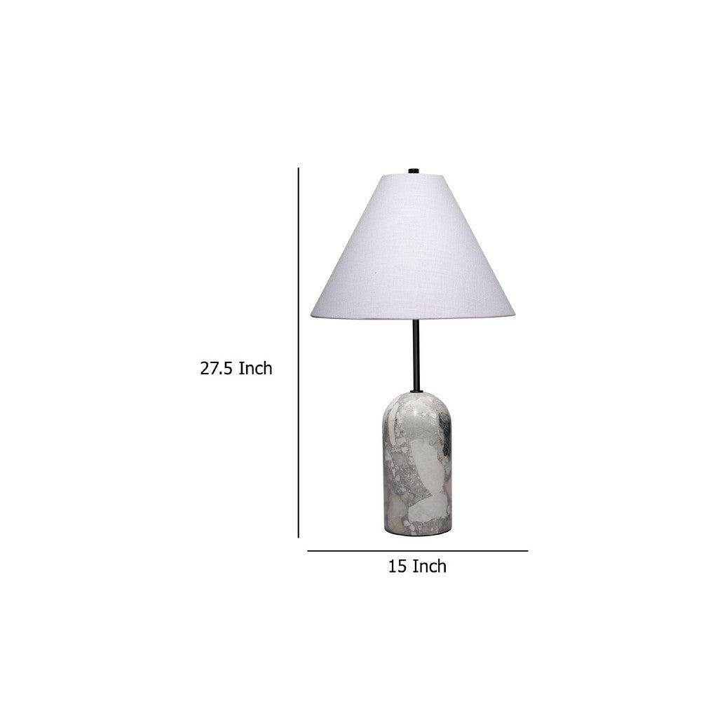 Benjara Hely Accent Table Lamp, Linen Cone Shade, Travertine Stone 28 Inch