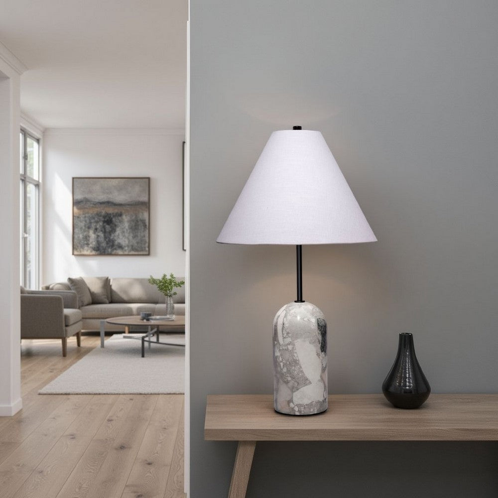 Benjara Hely Accent Table Lamp, Linen Cone Shade, Travertine Stone 28 Inch