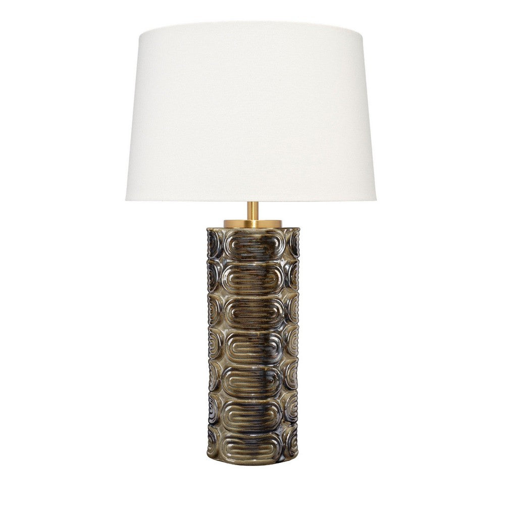 Benjara Wrix Accent Table Lamp, White Linen Shade, Ceramic Brown Base 29 Inch
