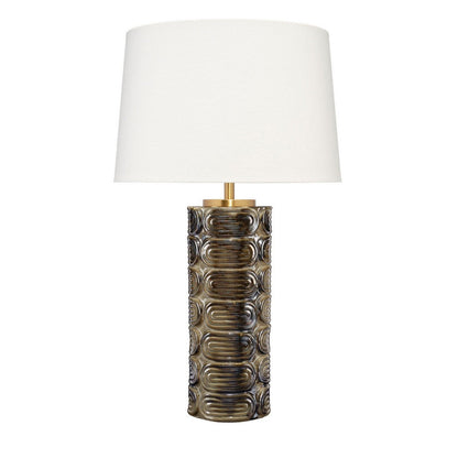 Benjara Wrix Accent Table Lamp, White Linen Shade, Ceramic Brown Base 29 Inch