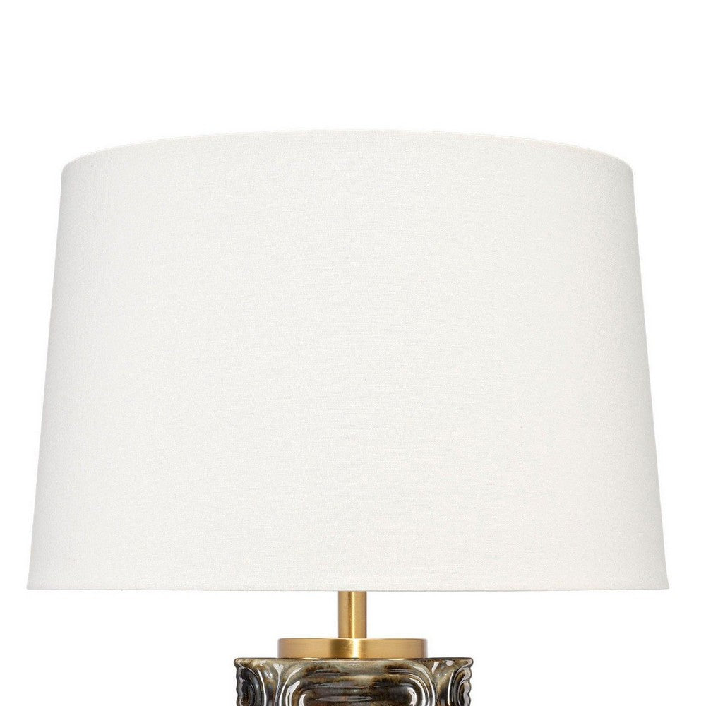 Benjara Wrix Accent Table Lamp, White Linen Shade, Ceramic Brown Base 29 Inch