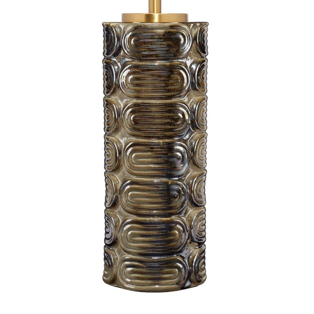 Benjara Wrix Accent Table Lamp, White Linen Shade, Ceramic Brown Base 29 Inch