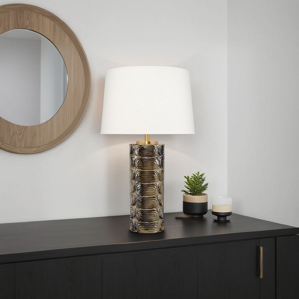 Benjara Wrix Accent Table Lamp, White Linen Shade, Ceramic Brown Base 29 Inch