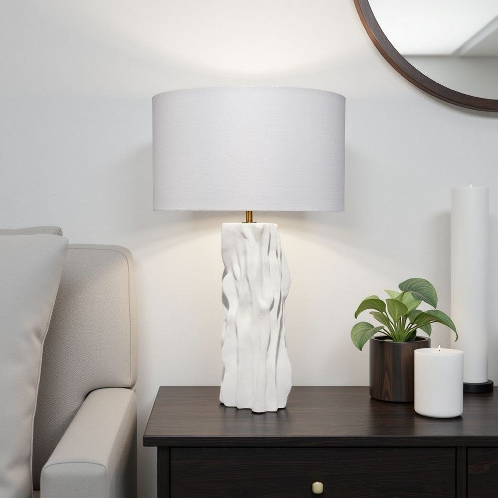 Benjara Sery Table Lamp, Linen Shade, Matte White Textured Ceramic 31 Inch