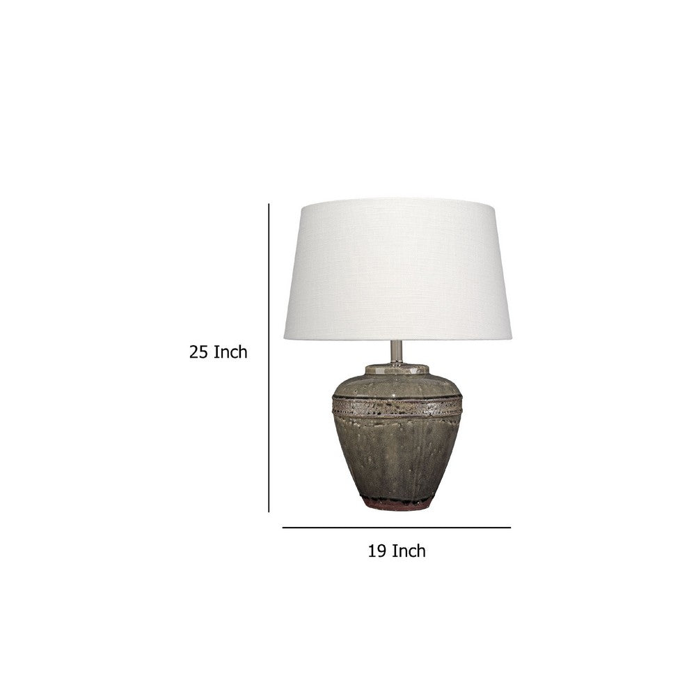 Benjara Avo Accent Table Lamp, White Linen, Antique Ceramic Design 25 Inch