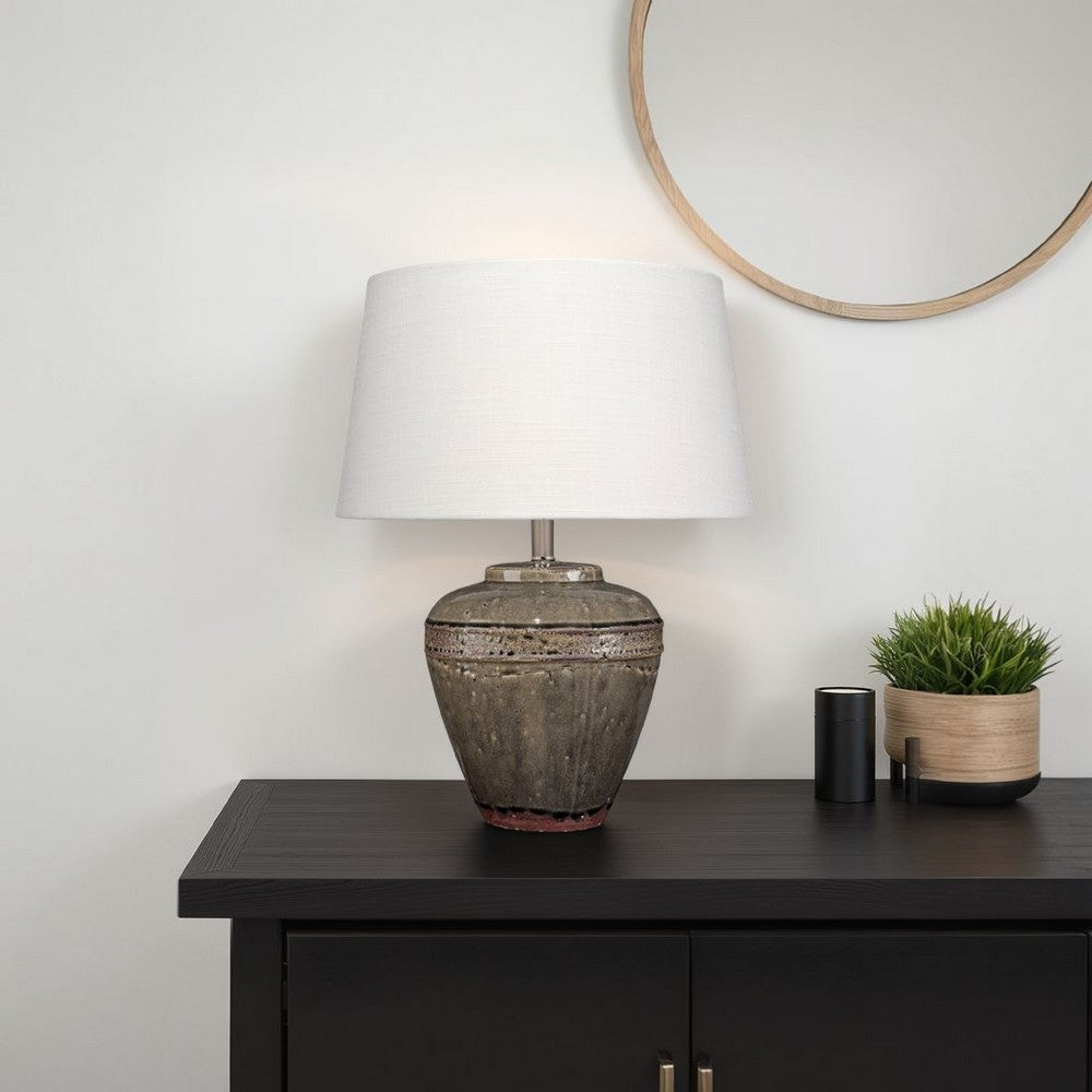 Benjara Avo Accent Table Lamp, White Linen, Antique Ceramic Design 25 Inch