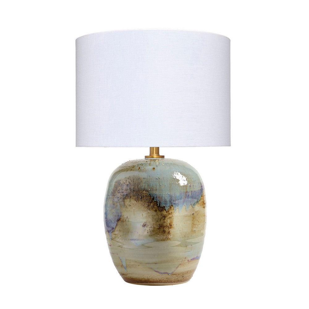 Benjara Sivy Accent Table Lamp, Linen, Round Abstract Ceramic Blue 26 Inch