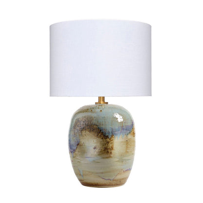 Benjara Sivy Accent Table Lamp, Linen, Round Abstract Ceramic Blue 26 Inch