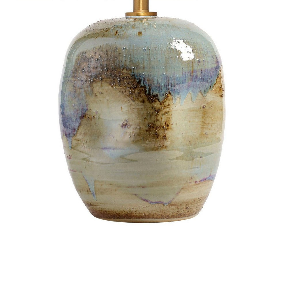 Benjara Sivy Accent Table Lamp, Linen, Round Abstract Ceramic Blue 26 Inch