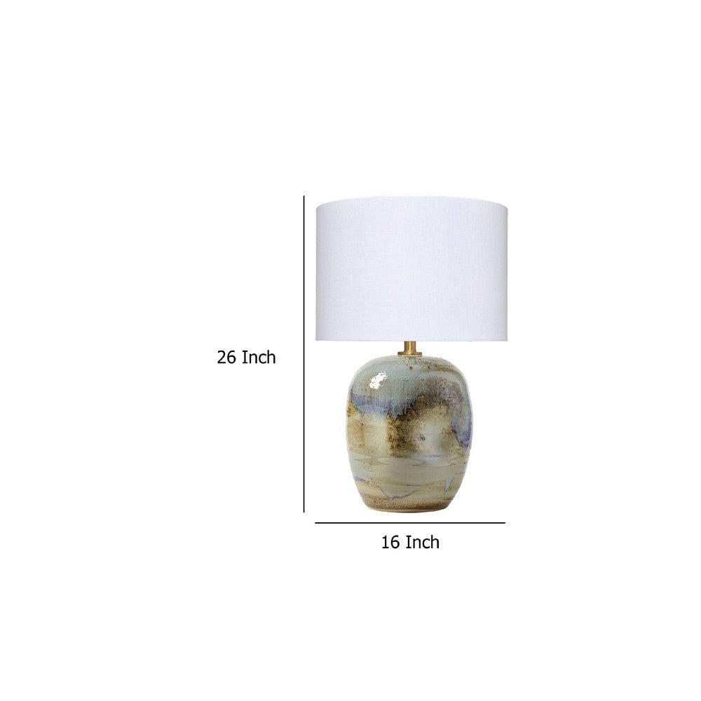 Benjara Sivy Accent Table Lamp, Linen, Round Abstract Ceramic Blue 26 Inch