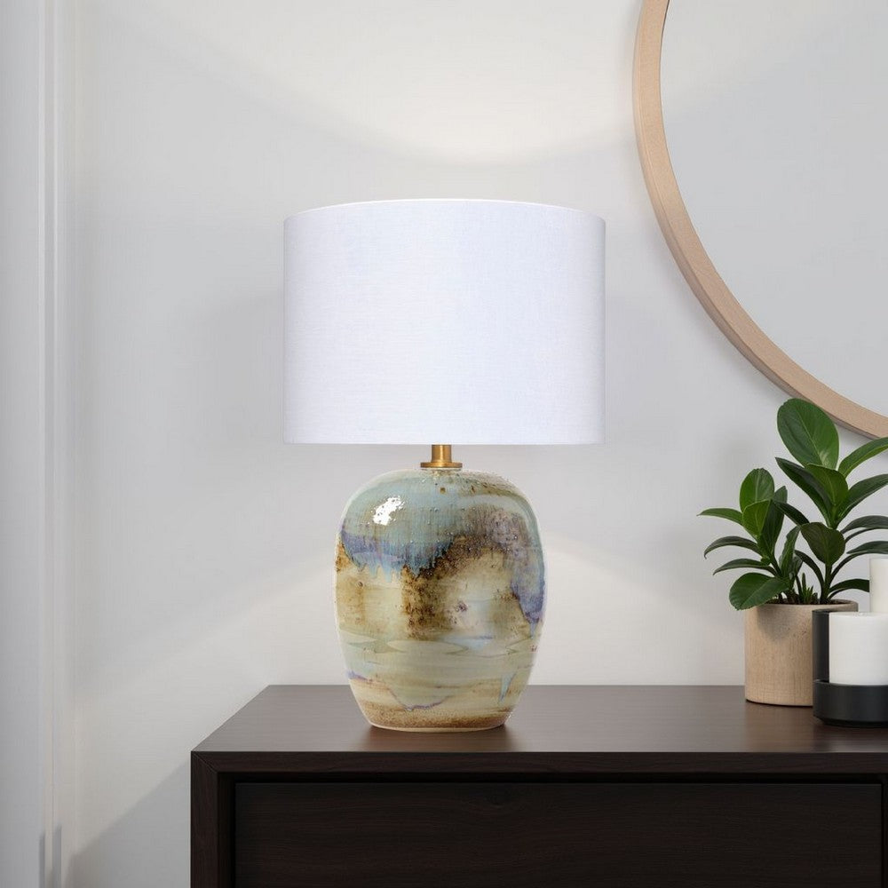 Benjara Sivy Accent Table Lamp, Linen, Round Abstract Ceramic Blue 26 Inch