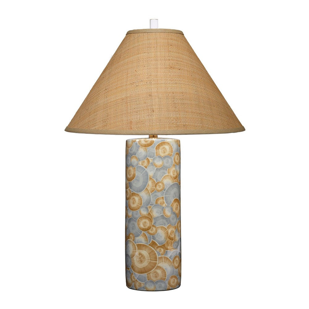 Benjara Eriy Accent Table Lamp, Brown Raffia Cone Shade, Blue Abstract 29 Inch