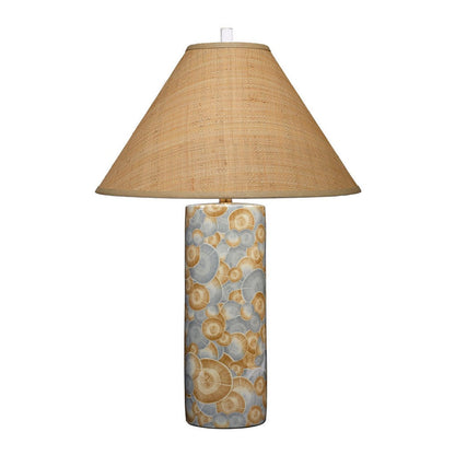 Benjara Eriy Accent Table Lamp, Brown Raffia Cone Shade, Blue Abstract 29 Inch