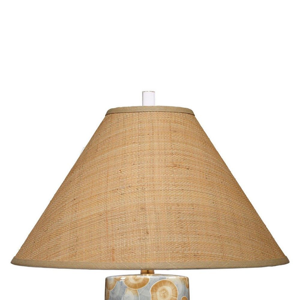 Benjara Eriy Accent Table Lamp, Brown Raffia Cone Shade, Blue Abstract 29 Inch