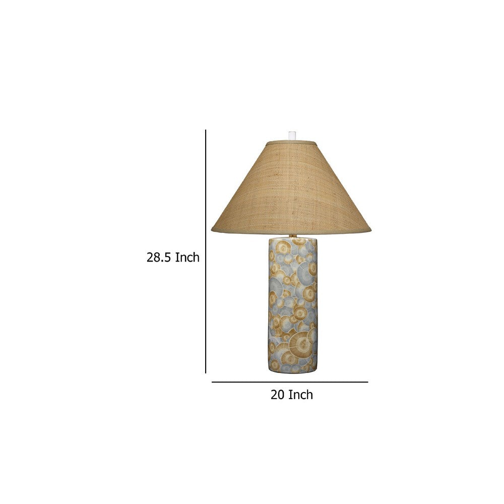 Benjara Eriy Accent Table Lamp, Brown Raffia Cone Shade, Blue Abstract 29 Inch