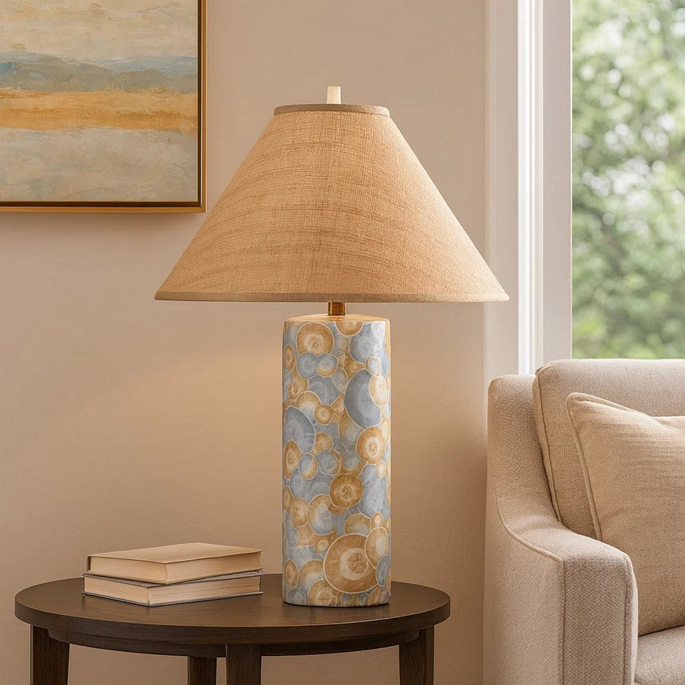Benjara Eriy Accent Table Lamp, Brown Raffia Cone Shade, Blue Abstract 29 Inch