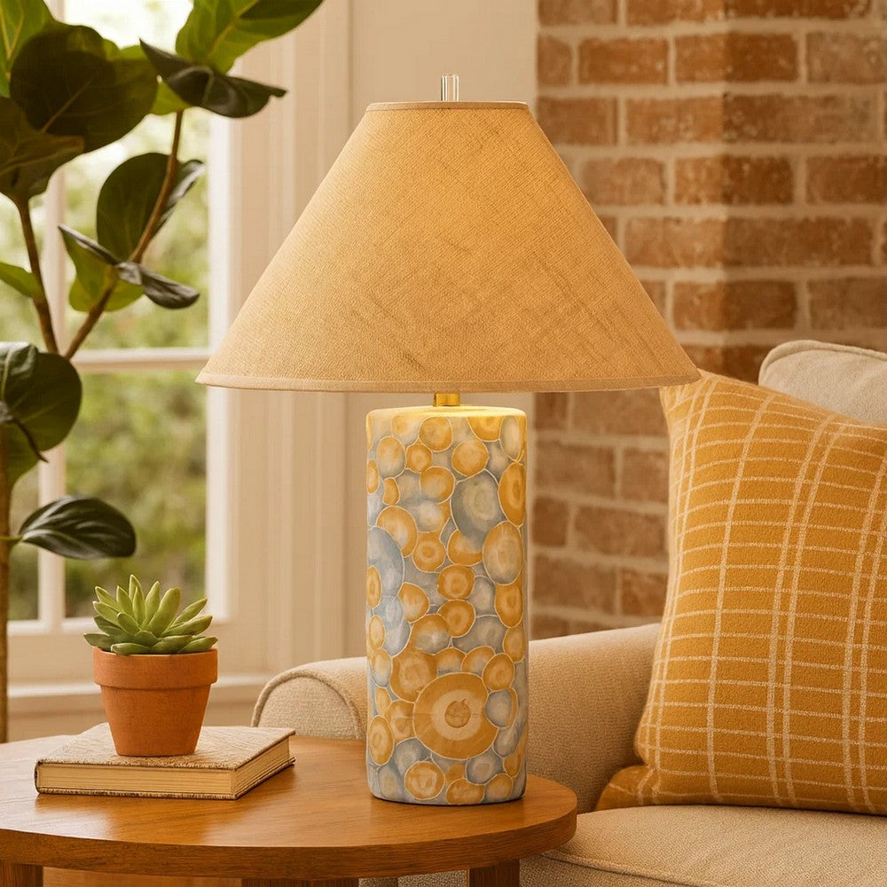 Benjara Eriy Accent Table Lamp, Brown Raffia Cone Shade, Blue Abstract 29 Inch