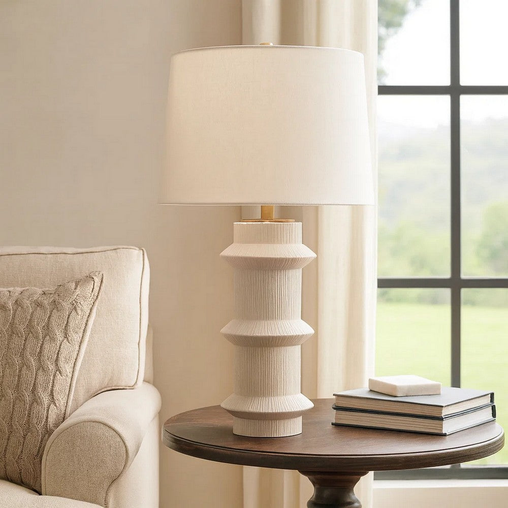 Benjara Disy Accent Table Lamp, Linen, Turned Sculptural Polyresin 30 Inch