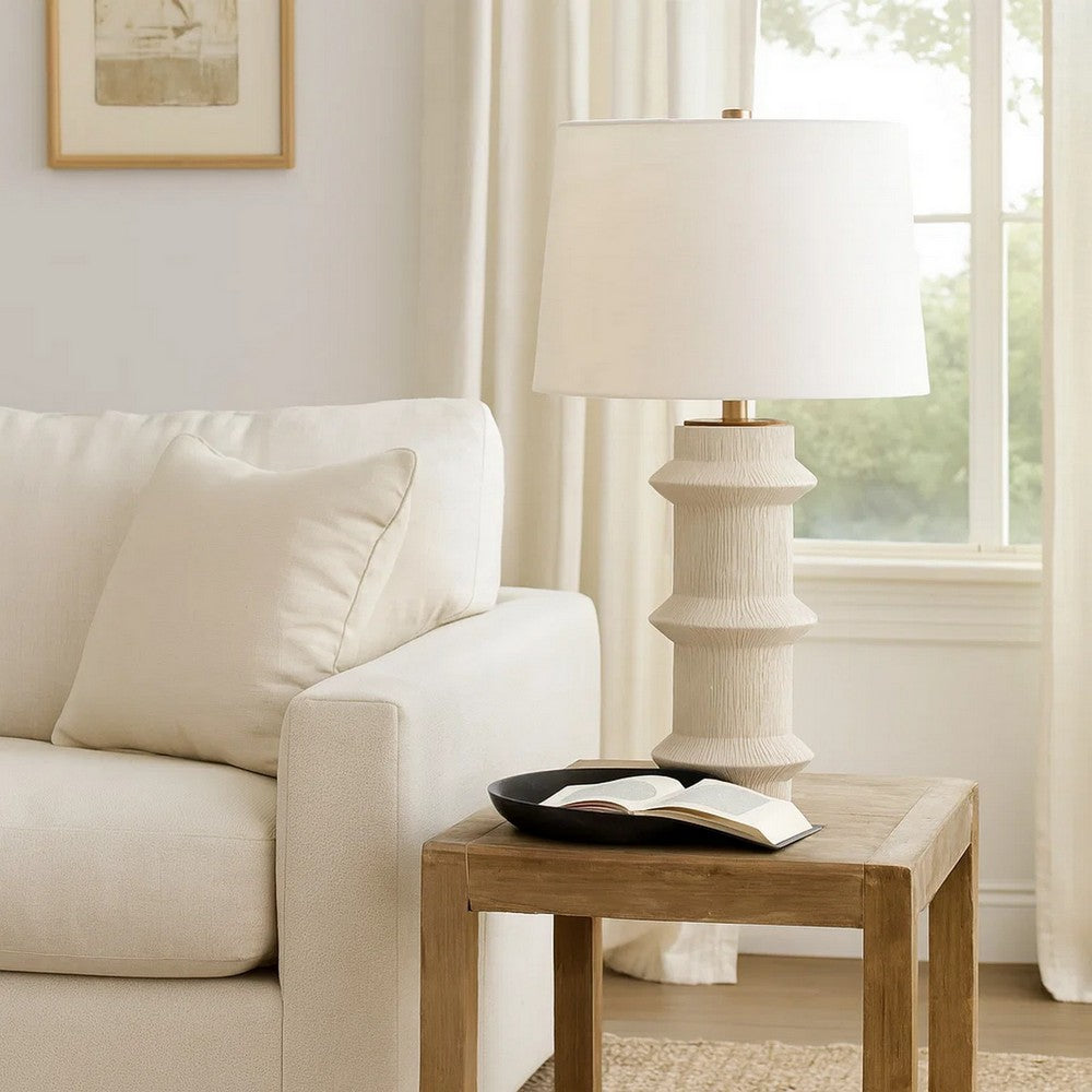 Benjara Disy Accent Table Lamp, Linen, Turned Sculptural Polyresin 30 Inch