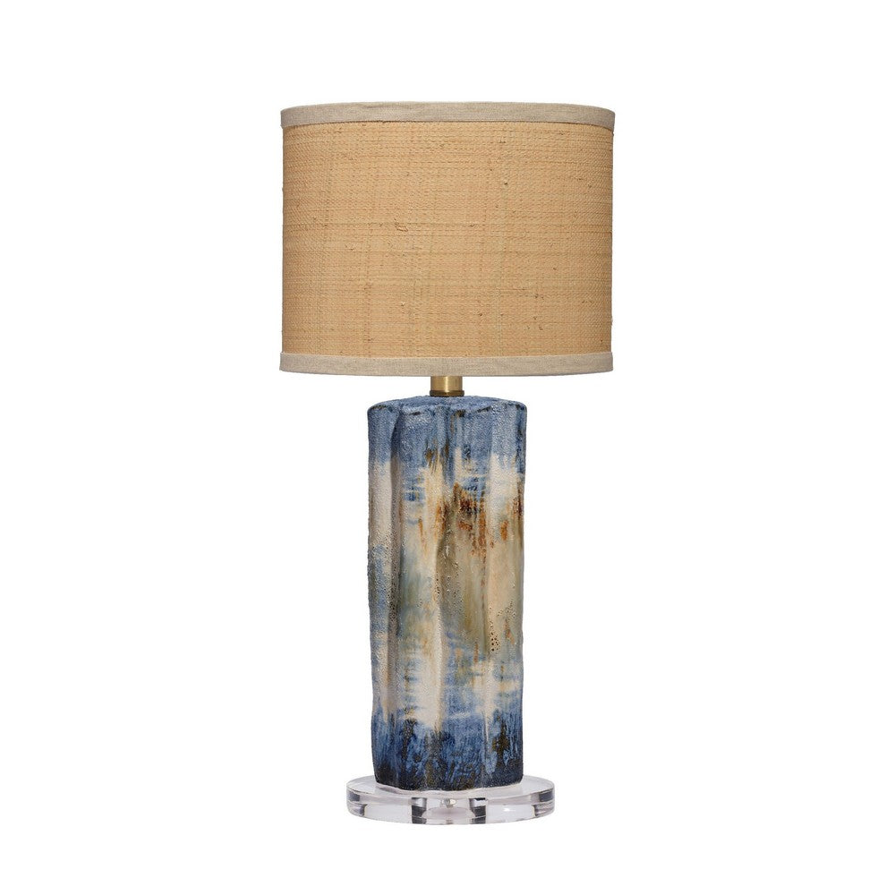 Benjara Absy Accent Table Lamp, Brown Oval Raffia Shade, Abstract Blue 23 Inch