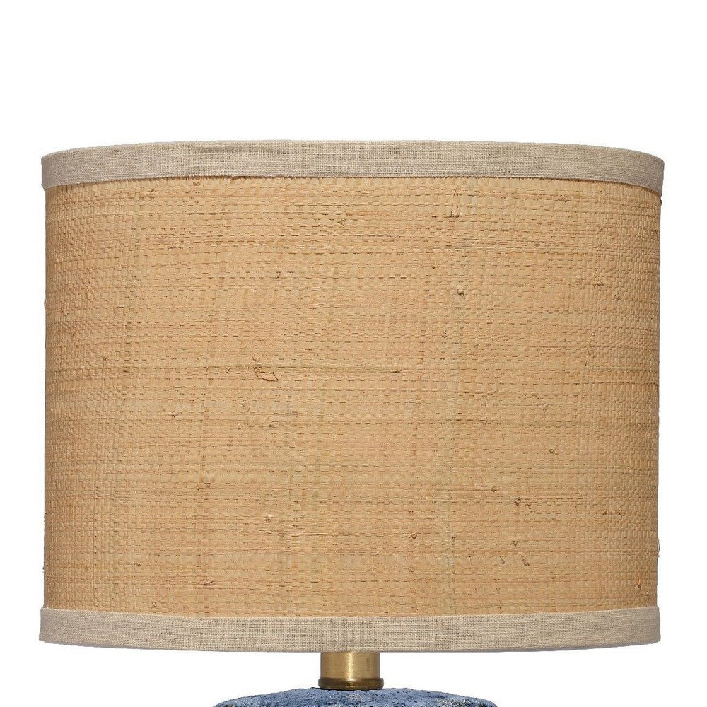 Benjara Absy Accent Table Lamp, Brown Oval Raffia Shade, Abstract Blue 23 Inch