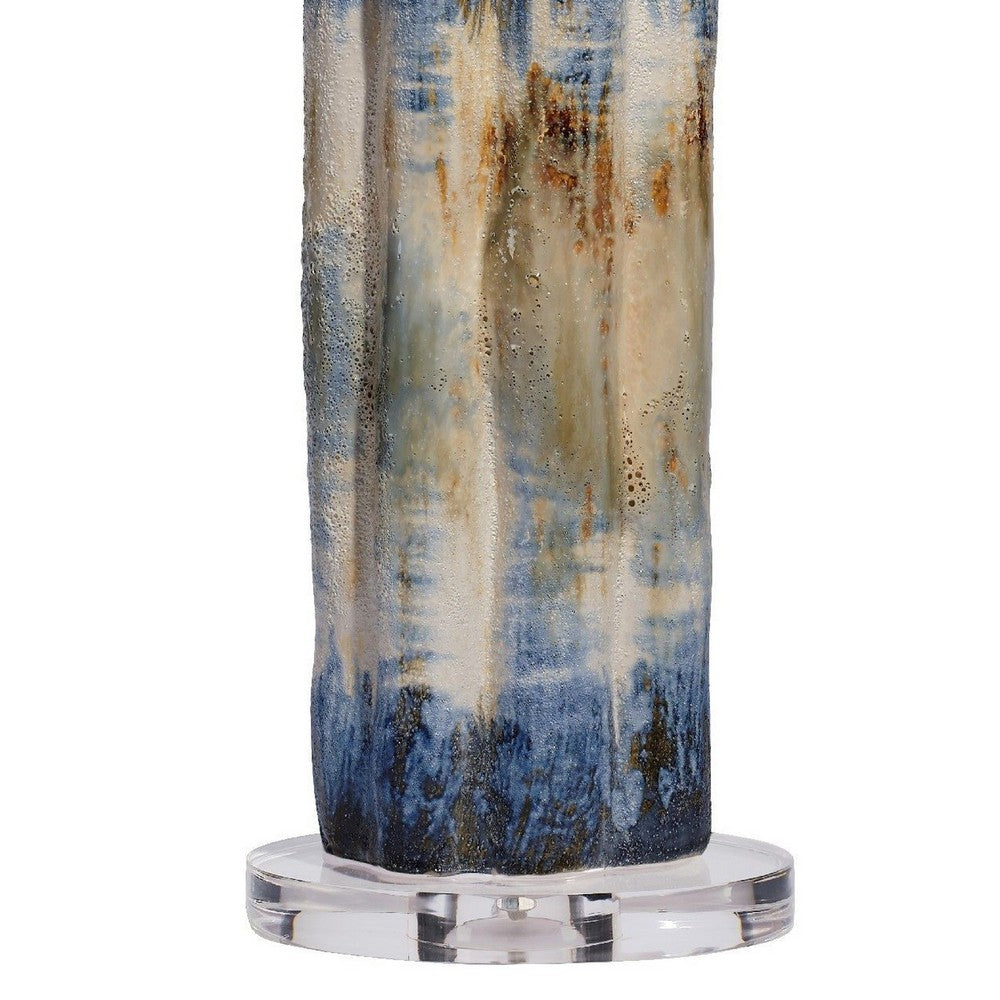 Benjara Absy Accent Table Lamp, Brown Oval Raffia Shade, Abstract Blue 23 Inch