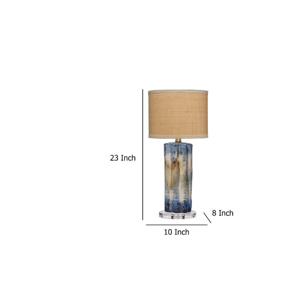 Benjara Absy Accent Table Lamp, Brown Oval Raffia Shade, Abstract Blue 23 Inch