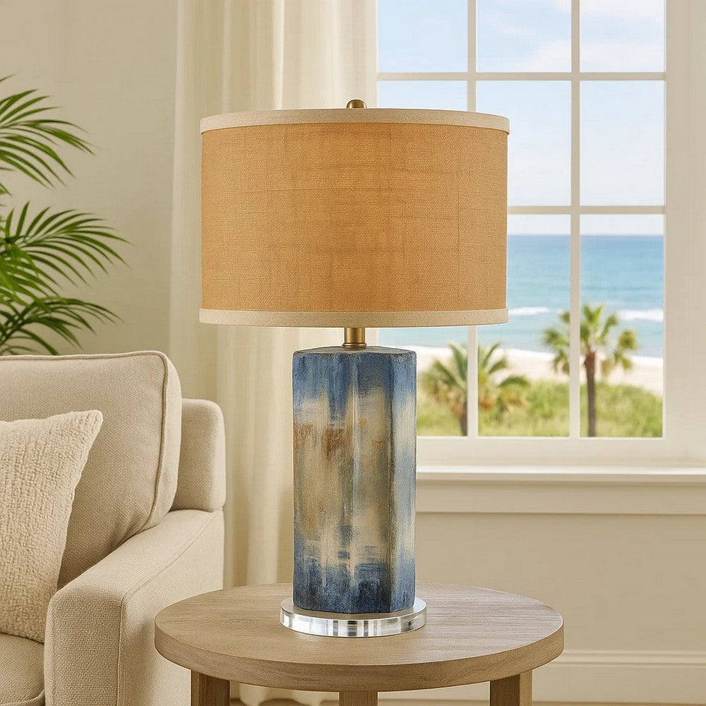 Benjara Absy Accent Table Lamp, Brown Oval Raffia Shade, Abstract Blue 23 Inch