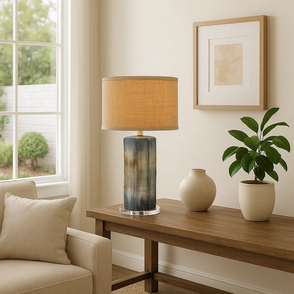 Benjara Absy Accent Table Lamp, Brown Oval Raffia Shade, Abstract Blue 23 Inch