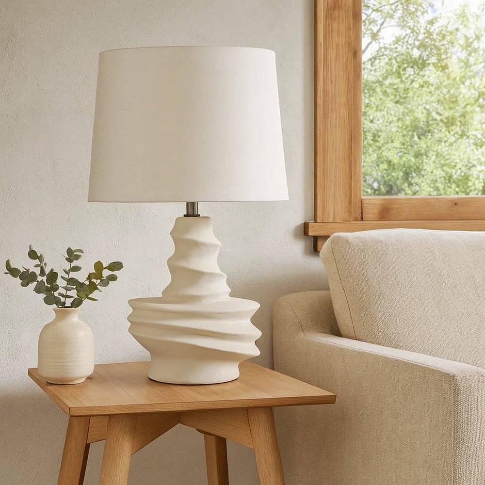 Benjara Liny Accent Table Lamp, Linen Shade, Modern Dynamic Ivory Base 29 Inch