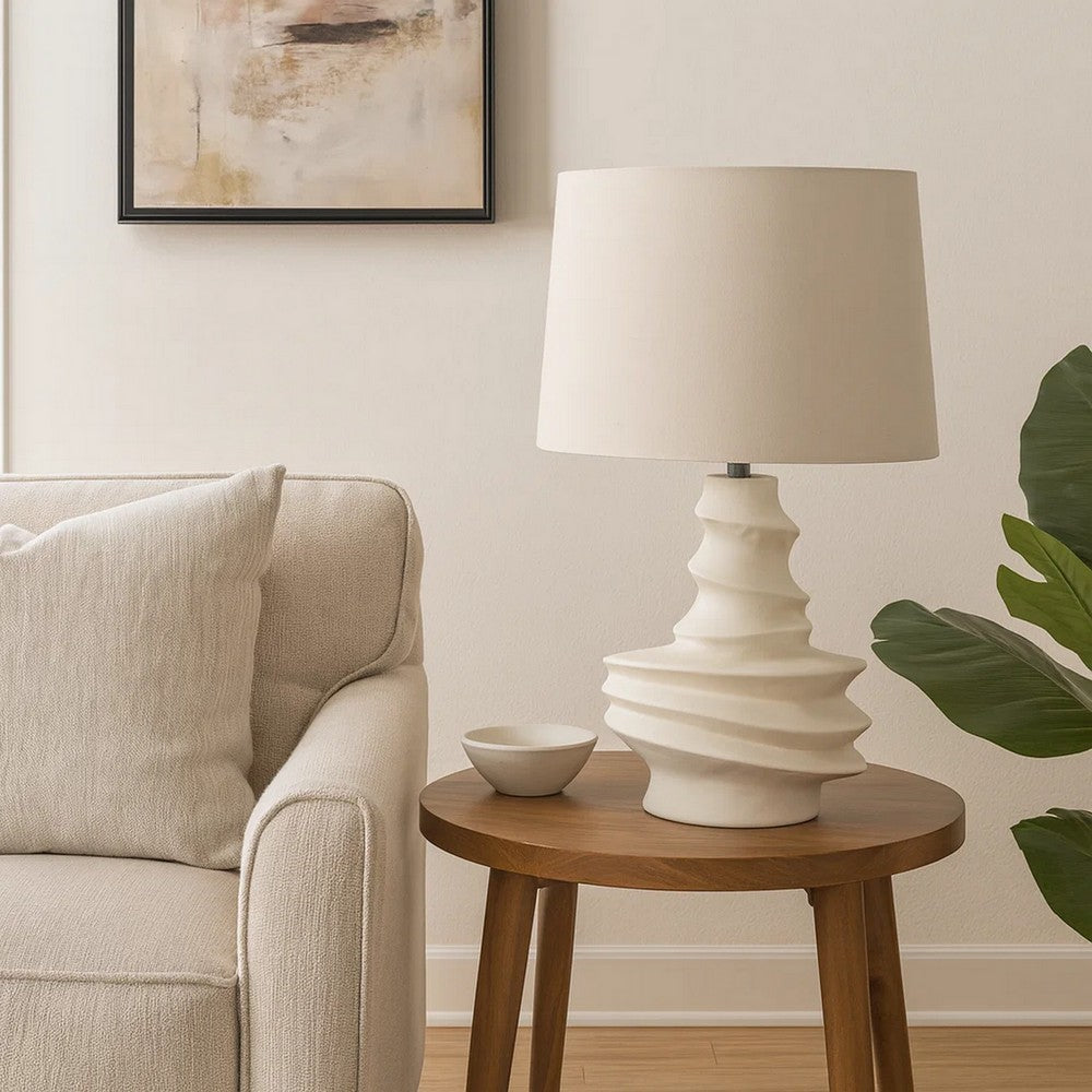 Benjara Liny Accent Table Lamp, Linen Shade, Modern Dynamic Ivory Base 29 Inch
