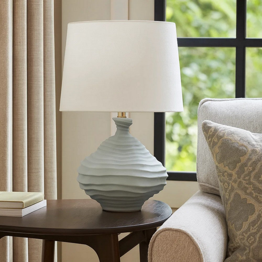 Benjara Ozy Accent Table Lamp, Linen Shade, Light Blue Turned Ceramic 23 Inch