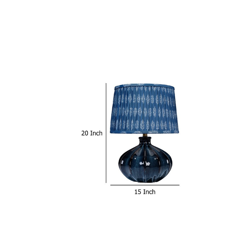 Benjara Resy Accent Table Lamp, Cotton Classic Royal Blue White Shade, 20 Inch