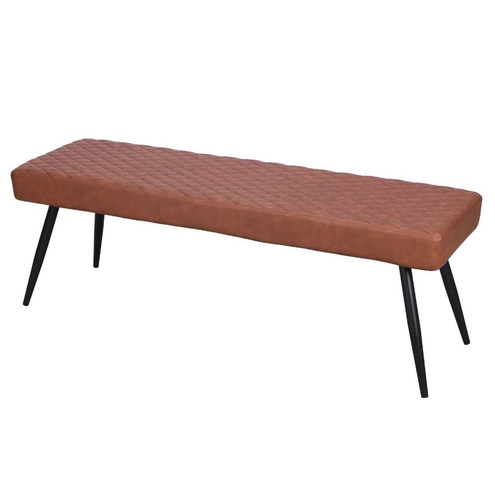 Benjara Lopi Dining Bench, 54 Inch Cognac Brown Faux Leather Seat, Metal Legs