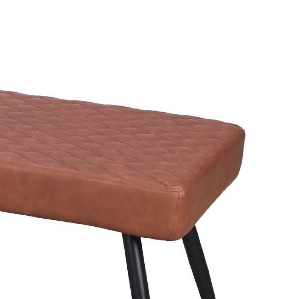 Benjara Lopi Dining Bench, 54 Inch Cognac Brown Faux Leather Seat, Metal Legs