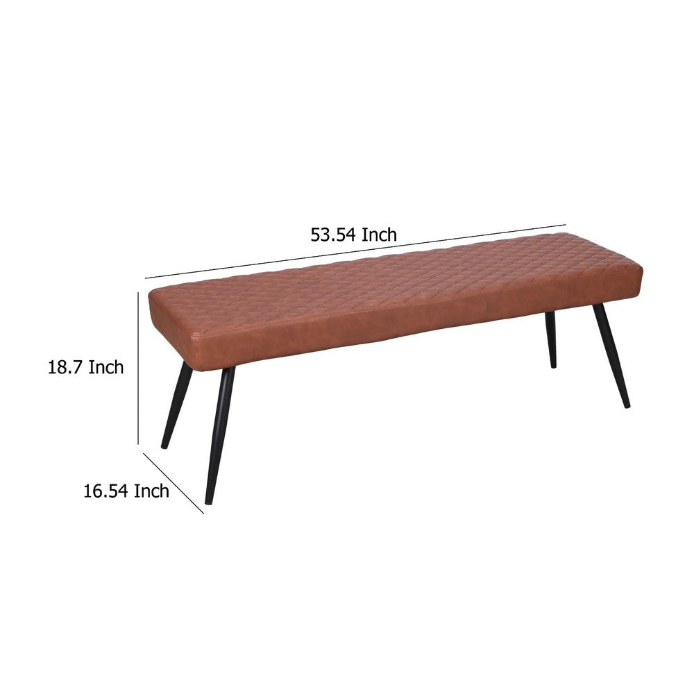 Benjara Lopi Dining Bench, 54 Inch Cognac Brown Faux Leather Seat, Metal Legs