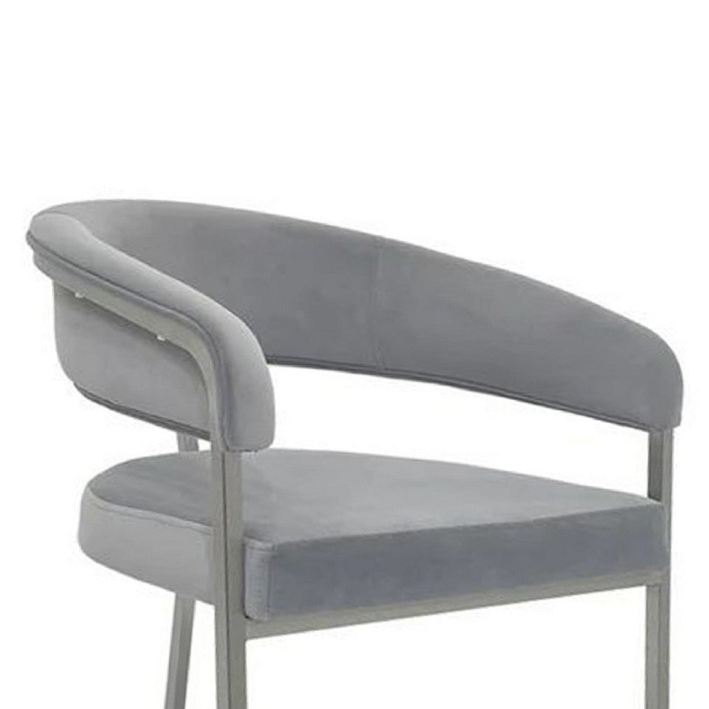 Benjara Dining Chair, Curved Padded Gray Velvet Backrest, Gold Cantilever Base
