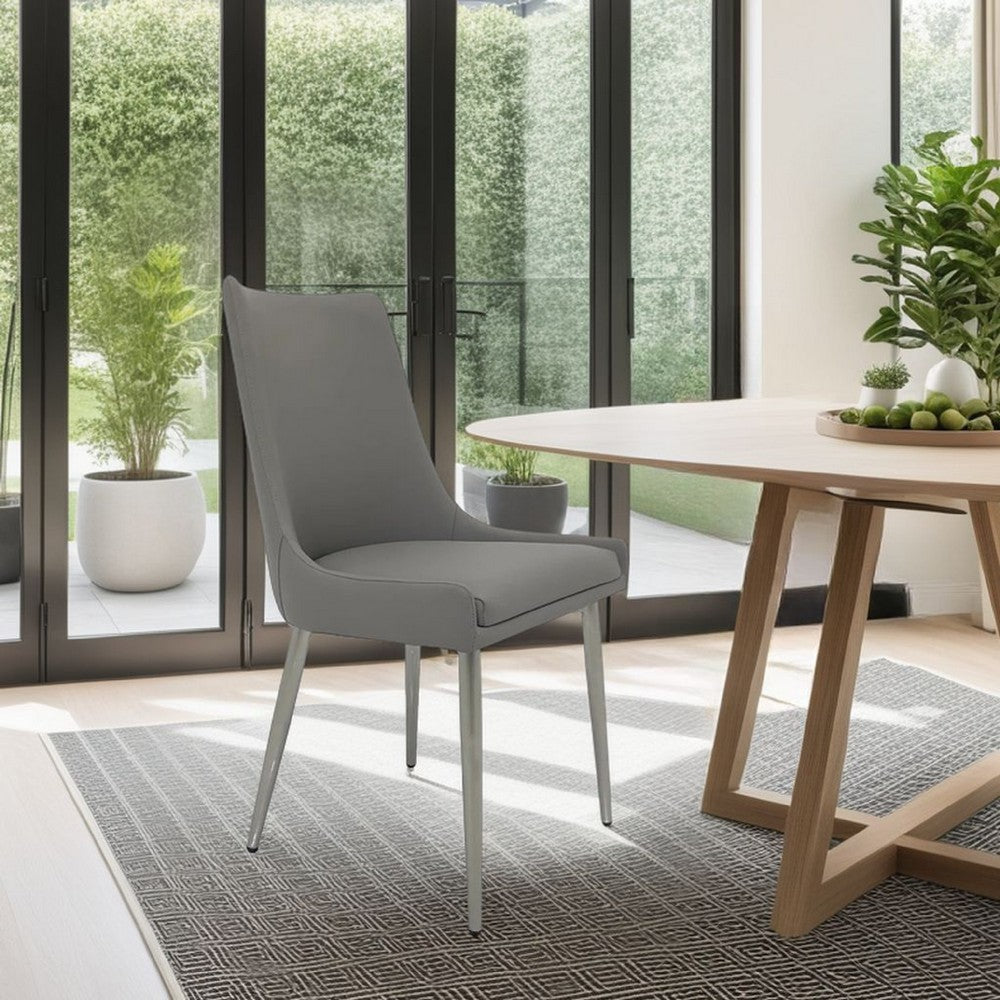 Benjara Rusa Dining Chair Set of 2, Gray Faux Leather Upholstery, Silver Legs