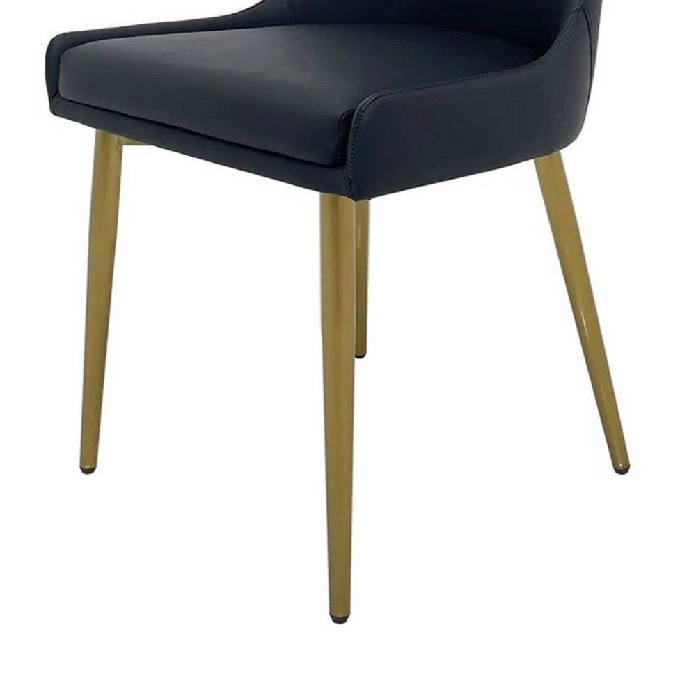 Benjara Rusa Dining Chair Set of 2, Black Faux Leather Upholstery, Gold Legs