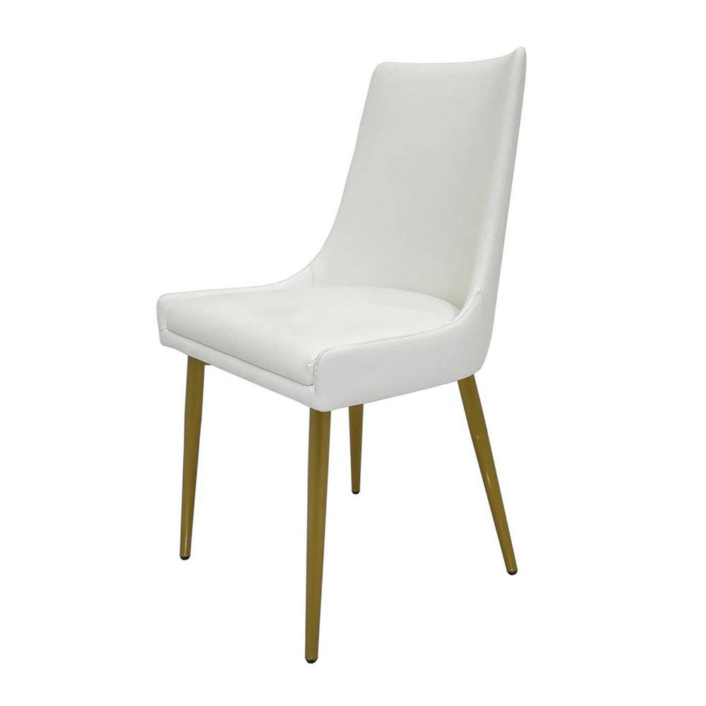 Benjara Rusa Dining Chair Set of 2, White Faux Leather Upholstery, Gold Legs