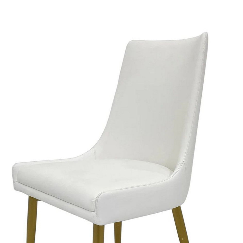 Benjara Rusa Dining Chair Set of 2, White Faux Leather Upholstery, Gold Legs