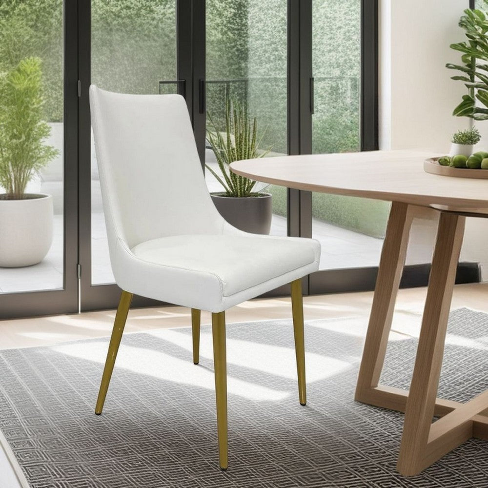 Benjara Rusa Dining Chair Set of 2, White Faux Leather Upholstery, Gold Legs