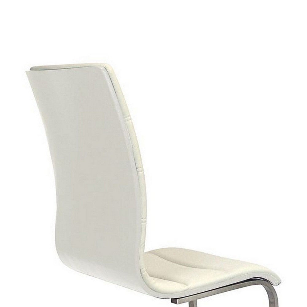 Benjara Dining Chair Set of 2, White Faux Leather, Silver Cantilever Base